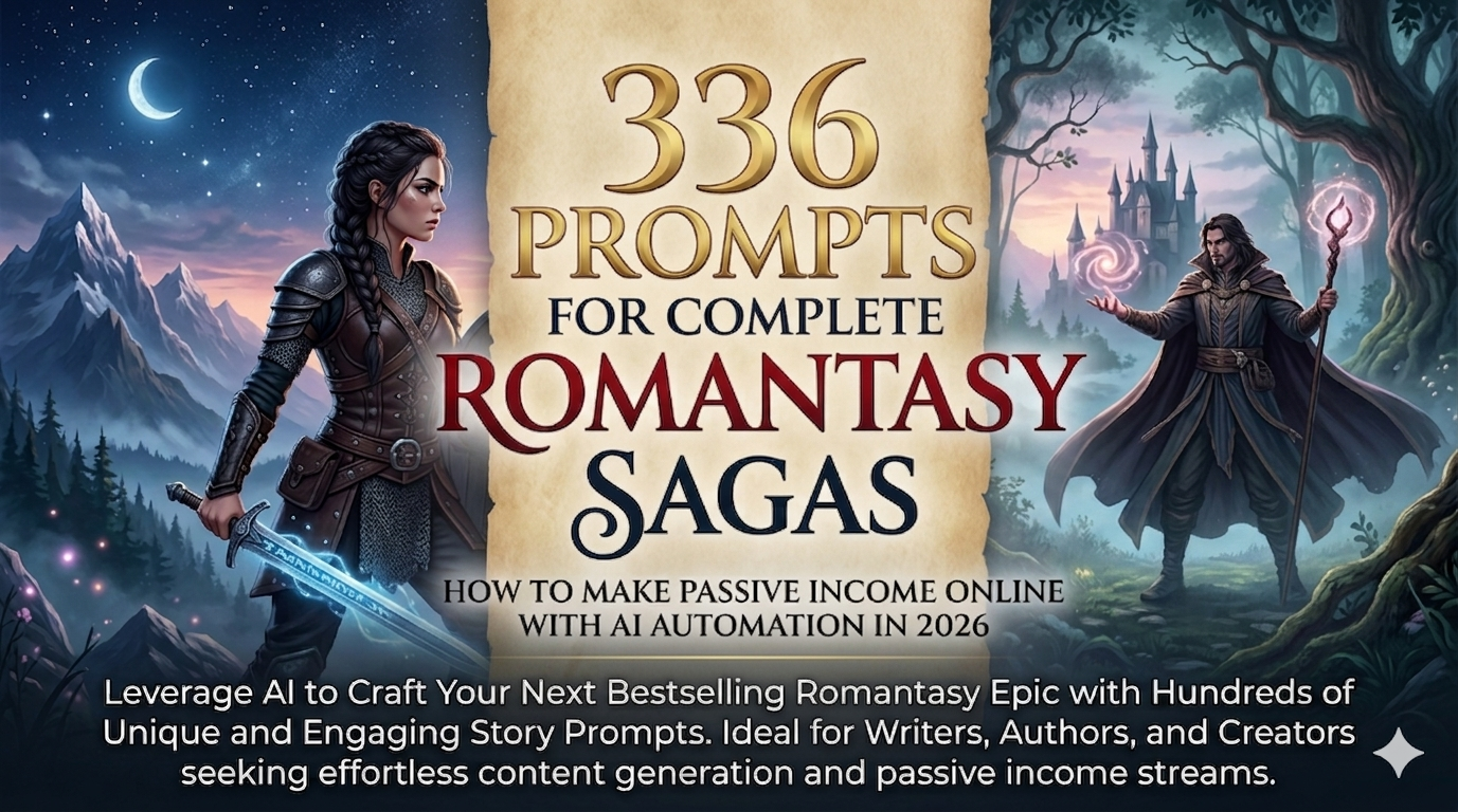 336 Romantasy Sagas AI prompts featuring a warrior and a mage.