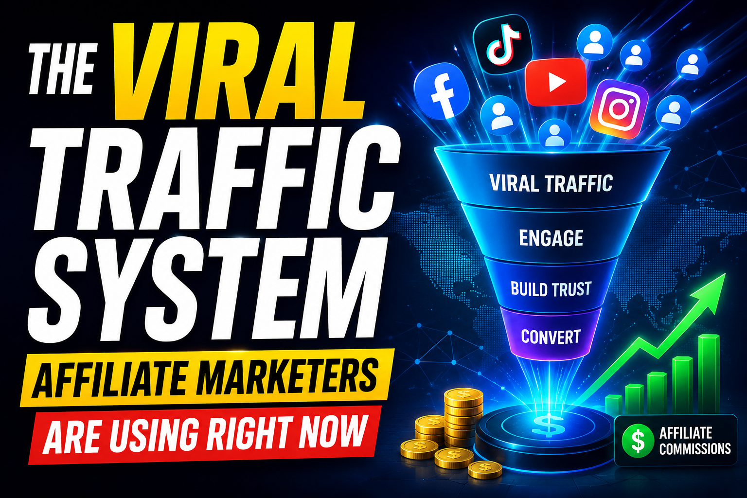 A vibrant digital marketing-themed featured image with bold text reading “The Viral Traffic System Affiliate Marketers Are Using Right Now.” The design includes a glowing marketing funnel, social media icons like Facebook, YouTube, Instagram, and TikTok, rising growth charts, gold coins, and affiliate commission graphics on a dark futuristic background.