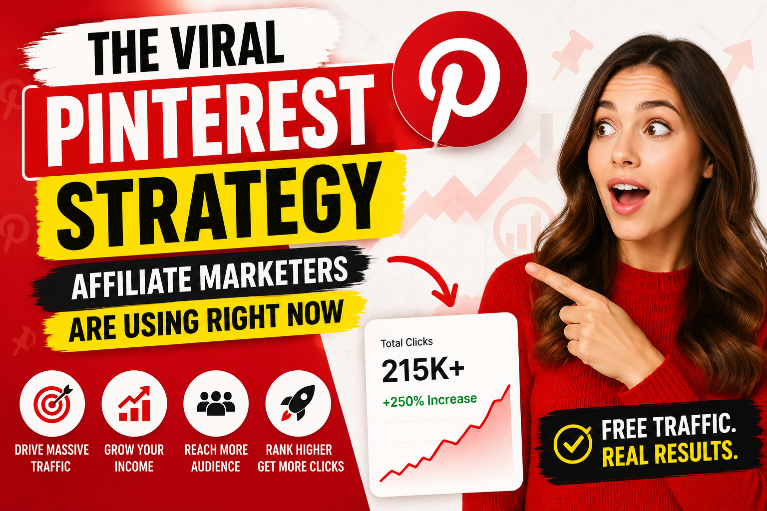 Bold Pinterest marketing featured image showing a surprised woman pointing at a rising traffic chart beside the Pinterest logo. Large headline reads “The Viral Pinterest Strategy Affiliate Marketers Are Using Right Now” with icons representing traffic growth, audience reach, and higher rankings.