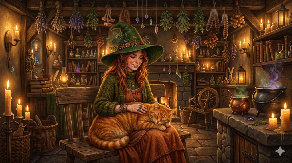 A whimsical young witch with auburn hair and a green pointed hat sits in a glowing cottage, petting a sleeping orange cat on her lap surrounded by candlelight and magical herbs.