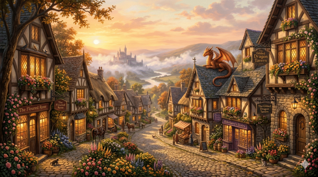 An enchanted fantasy village at golden hour with cobblestone streets winding past glowing shop windows and timber-framed houses adorned with flower boxes. A small dragon is perched on a shingled rooftop, overlooking a distant castle nestled in the misty mountains as warm sunlight bathes the scene in amber and gold.