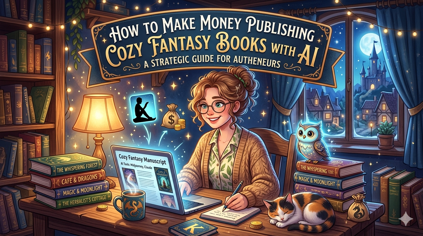A smiling author in a magical library using a laptop to publish cozy fantasy books with AI, featuring book stacks, a sleeping cat, and floating money icons.