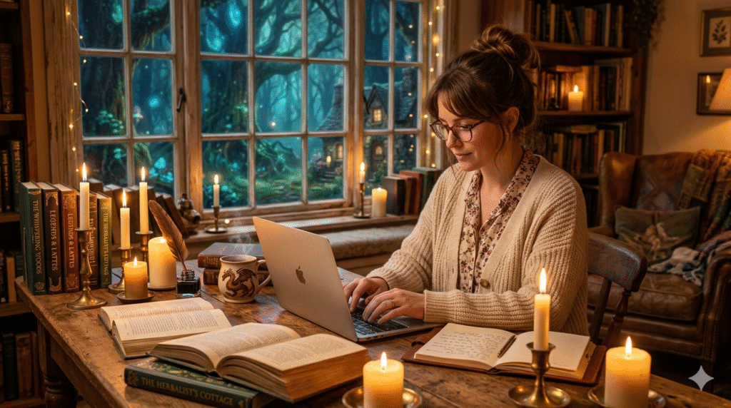 Woman writing a cozy fantasy novel on a laptop in a candlelit cottage office surrounded by books, journals, and magical forest scenery outside the window.