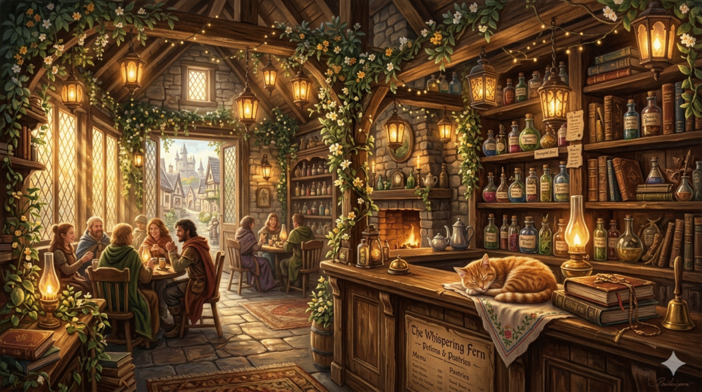 Warm and cozy fantasy tavern filled with glowing lanterns, magical potion shelves, friendly villagers, and a sleeping orange cat beside a rustic fireplace in an enchanted storybook setting.
