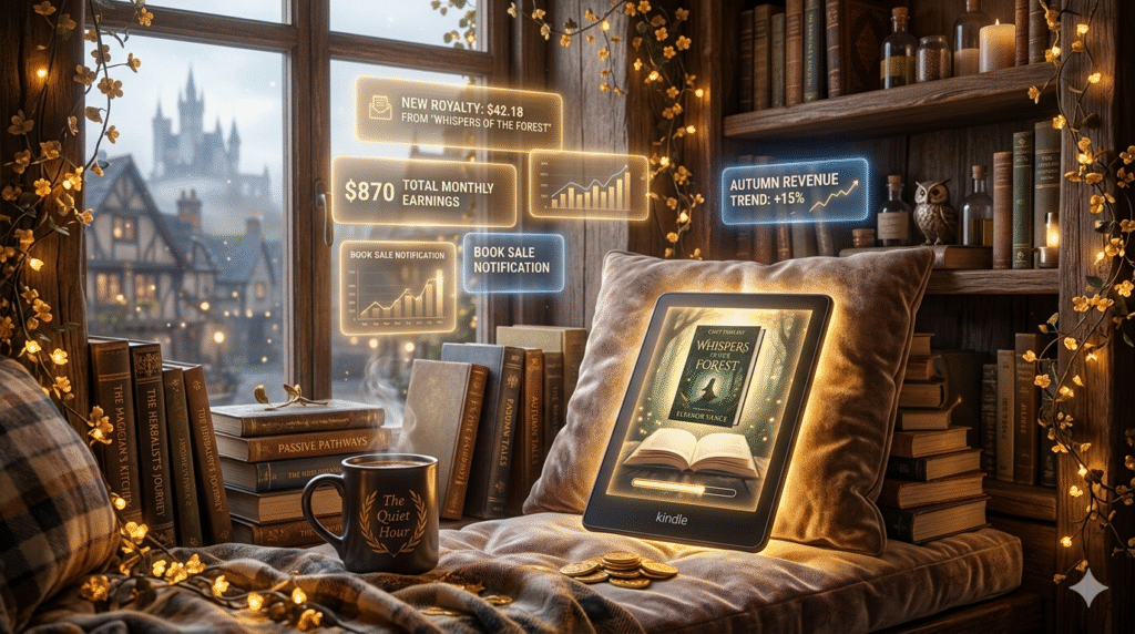 Cozy fantasy-themed Kindle eBook setup with glowing royalty notifications, bookshelves, warm fairy lights, and passive income earnings dashboard in a magical reading nook.