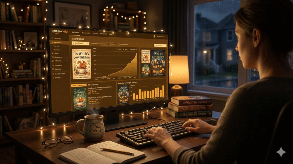 An accurate description for accessibility is: "A woman viewed from behind at a desk, looking at a computer screen that displays an Amazon KDP author dashboard with a positive sales graph. The room is a cozy home office at night, adorned with warm fairy lights and filled with bookshelves. Outside the window, a rainy residential street is visible. In the foreground, a mug with 'COZY WRITER' is next to an open notebook and physical book copies."