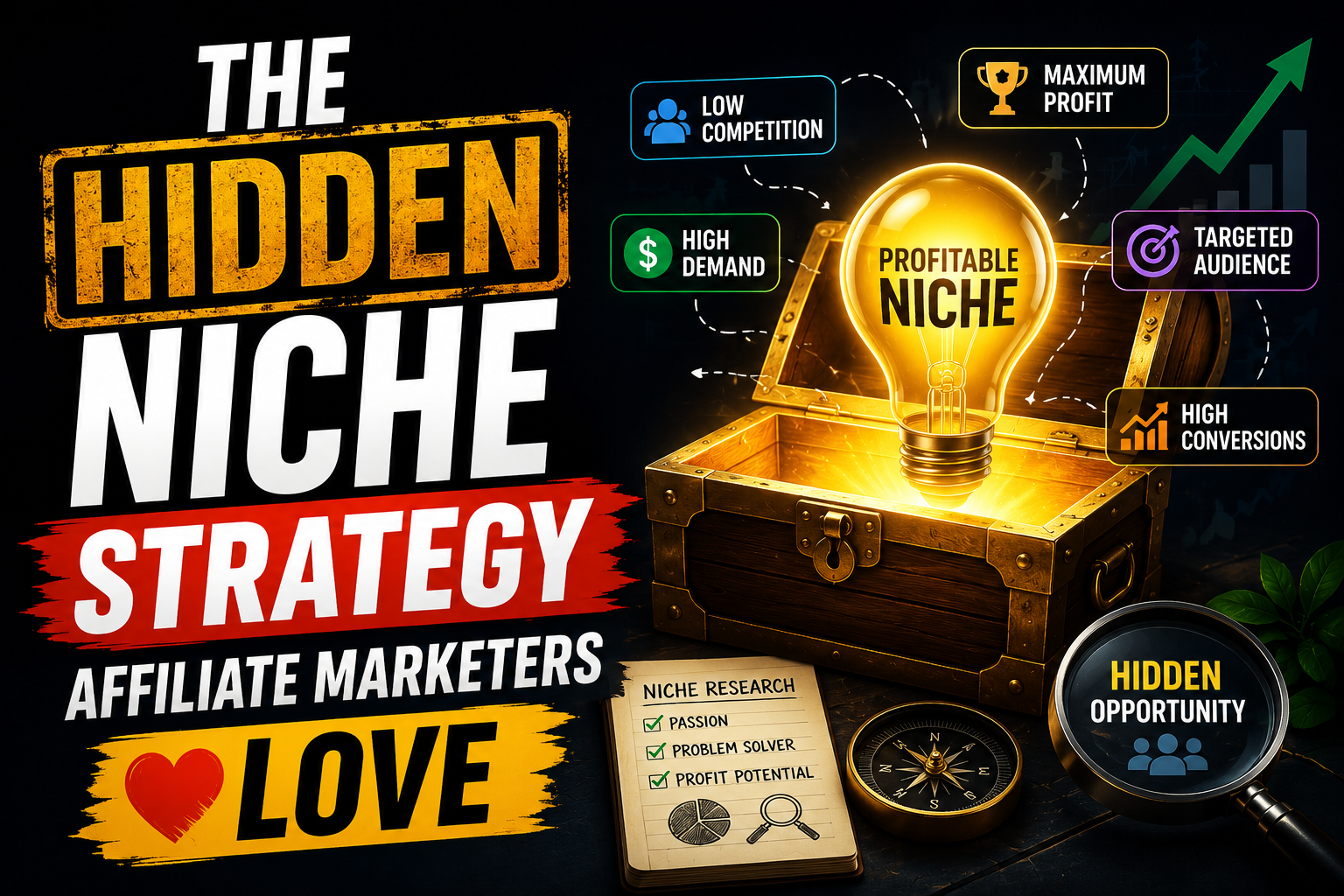 A bold affiliate marketing-themed featured image displaying the text “The Hidden Niche Strategy Affiliate Marketers Love.” The design features a glowing treasure chest with a bright light bulb labeled “Profitable Niche,” surrounded by icons representing low competition, high demand, targeted audience, and high conversions on a dark premium background.