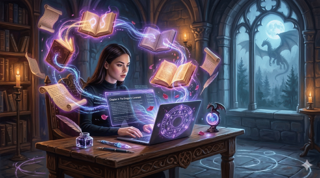 WarriorPlus product banner for 336 Romantasy Sagas AI prompts featuring a warrior and a mage.